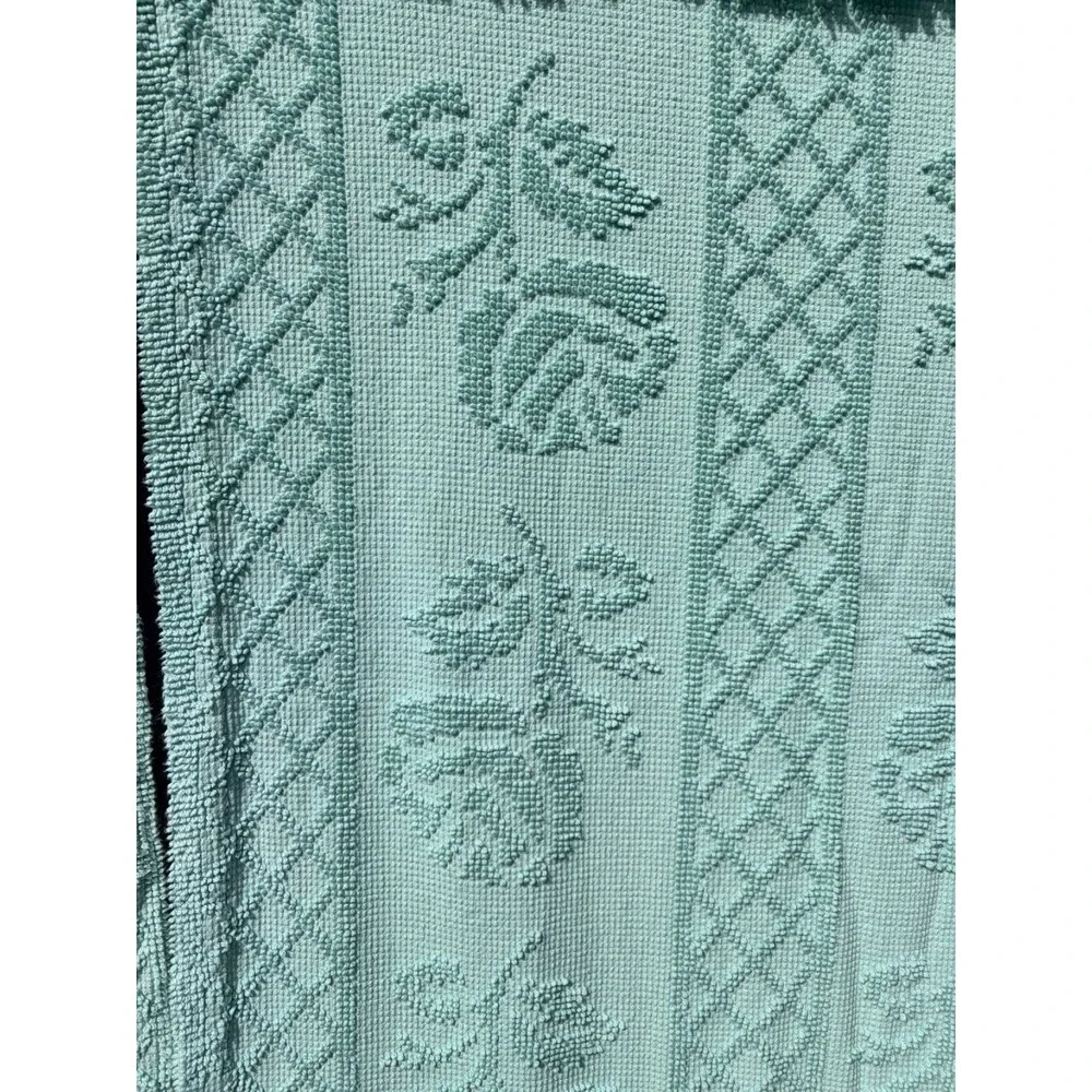 Vtg Hobnail Rose Chenille Curtains Drapes Light Aqua Blue Cottage Grannycore